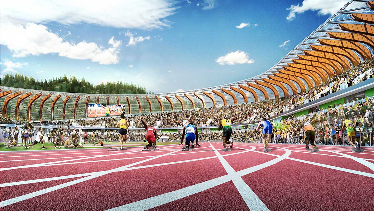 Rendering of sprinters on the track with full stands at Hayward Field Rendering of sprinters on the track with full stands at Hayward Field