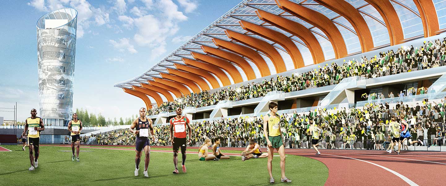 Rendering of Hayward Field with the Oregon Tower in the background Rendering of Hayward Field with the Oregon Tower in the background
