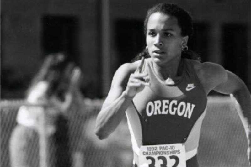 Sprinter Camara Jones winning the 400 meters during the Pac-10 Conference championships at Hayward Field in 1992 Sprinter Camara Jones winning the 400 meters during the Pac-10 Conference championships at Hayward Field in 1992