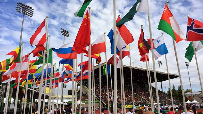 Flags flying over Hayward Field during the IAAF World Junior Championships in 2014 Flags flying over Hayward Field during the IAAF World Junior Championships in 2014