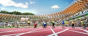 Rendering of sprinters on the track at Hayward Field Rendering of sprinters on the track at Hayward Field
