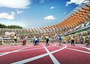 Rendering of sprinters on the track at Hayward Field Rendering of sprinters on the track at Hayward Field