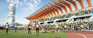 Rendering of Hayward Field with the Bowerman Tower in the background Rendering of Hayward Field with the Bowerman Tower in the background