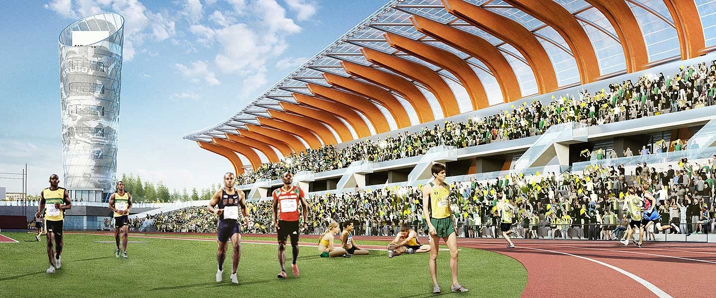 Rendering of Hayward Field with the Bowerman Tower in the background