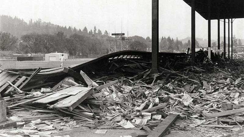 The gutted west grandstand at Hayward Field during 1975 renovation