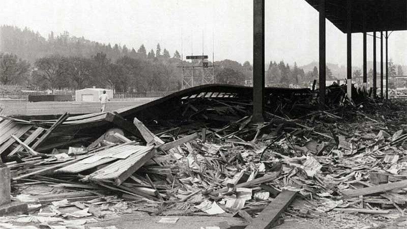 The gutted west grandstand at Hayward Field during 1975 renovation The gutted west grandstand at Hayward Field during 1975 renovation