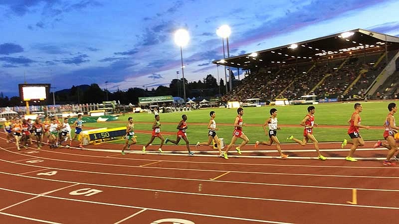 Athletes running around the track at Hayward Field during the IAAF World Junior Championships in 2014 Athletes running around the track at Hayward Field during the IAAF World Junior Championships in 2014