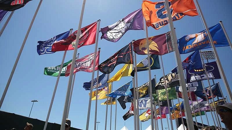 Flags from participating universities flying over Hayward Field during the NCAA Championships Flags from participating universities flying over Hayward Field during the NCAA Championships