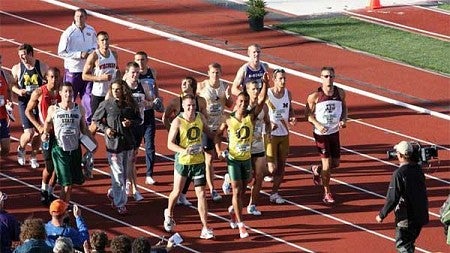 Ashton Eaton taking a victory lap with all of the decathletes at the NCAA Outdoor Track and Field Championships at Hayward Field Ashton Eaton taking a victory lap with all of the decathletes at the NCAA Outdoor Track and Field Championships at Hayward Field