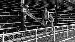 Three men, including University of Oregon athletic director Leo Harris (holding the sledge hammer) posing for a commemorative shot as work to remove the north bleachers at Hayward Field is set to begin in 1950. Three men, including University of Oregon athletic director Leo Harris (holding the sledge hammer) posing for a commemorative shot as work to remove the north bleachers at Hayward Field is set to begin in 1950.