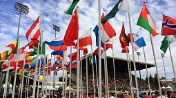 Flags flying over Hayward Field during the IAAF World Junior Championships in 2014