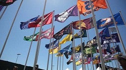 Flags from participating universities flying over Hayward Field during the NCAA Championships