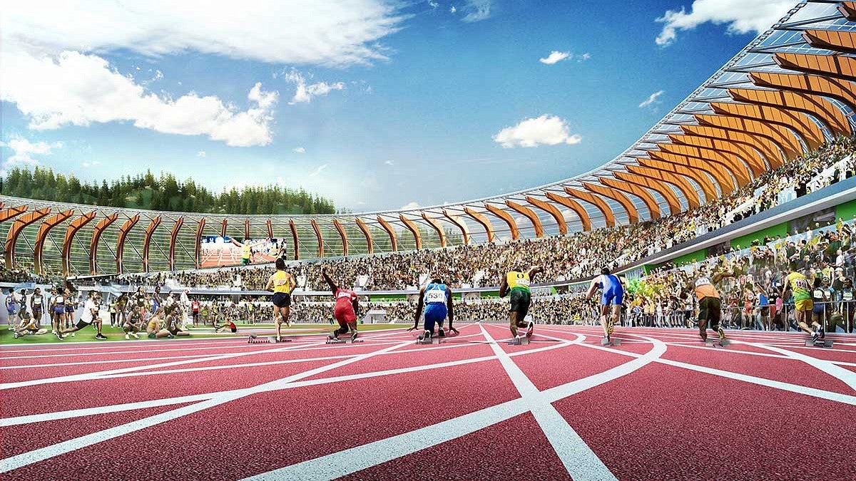 Rendering of sprinters on the track with full stands at Hayward Field Rendering of sprinters on the track with full stands at Hayward Field