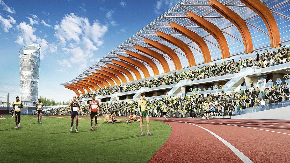 Rendering of Hayward Field with the Bowerman Tower in the background Rendering of Hayward Field with the Bowerman Tower in the background